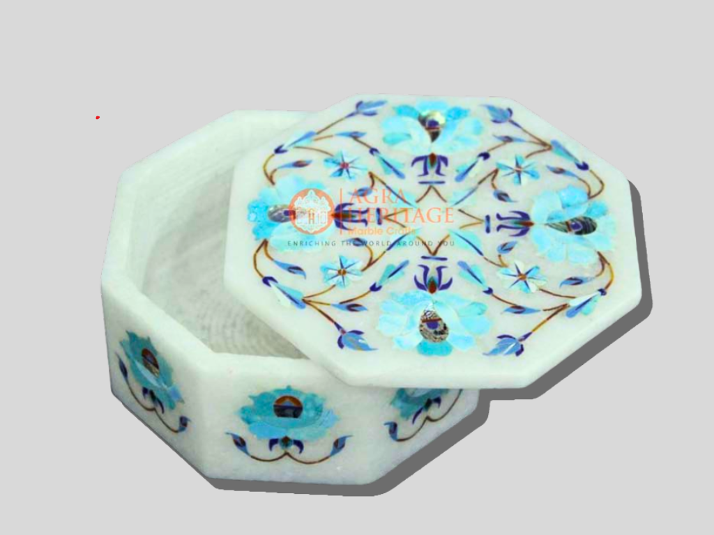 Marble Jewelry Lidded Box Turquoise Floral Art